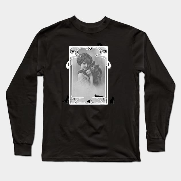 Vintage Design "Young Lady with her Cat" Long Sleeve T-Shirt by scatharis